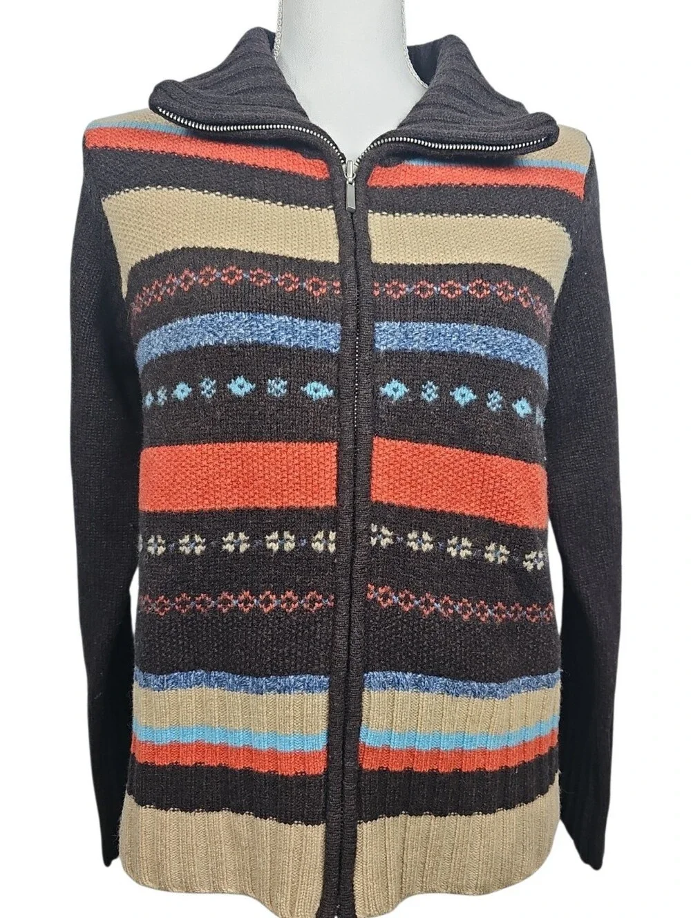 Crazy Horse 100% Wool Brown Orange Full-Zip Cardigan Southwest Fair Isle Size M